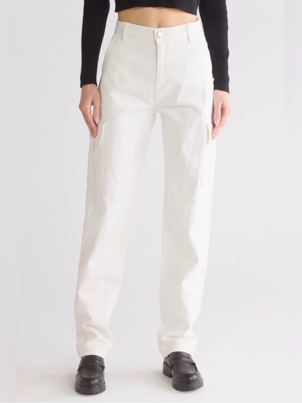 Rebecca Minkoff White Denim relaxed cargo Jeans with Embossed Logo
